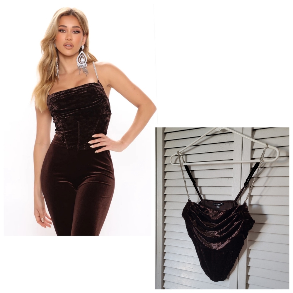 NWT. Fashion Nova Brown Velvet Cowl Neck Cami with Chain Straps